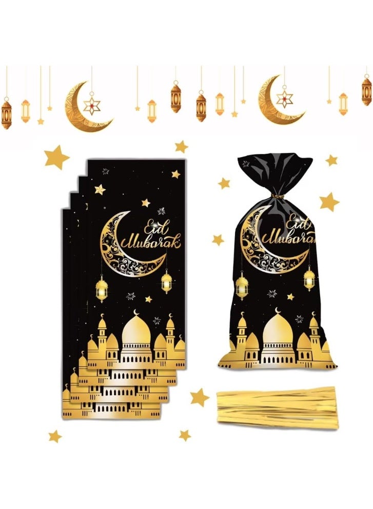 50 PCS Ramadan Cellophane Treat Bags, Eid Mubarak Candy Bags Plastic Ramadan Gift Bags Goodie Cookie Bags with Twist Ties for Islam Muslim Eid Mubarak Party Favor Supplies (Gold Moon) - Image 1